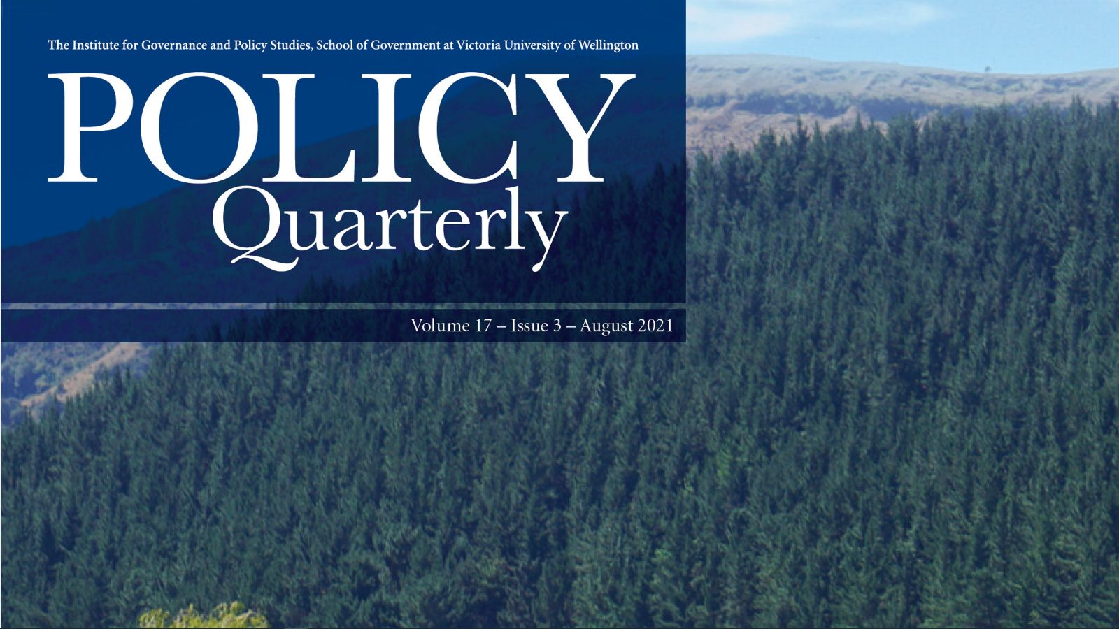 The top corner of the cover of the Policy Quarter issue, white text on a blue square, background of trees.