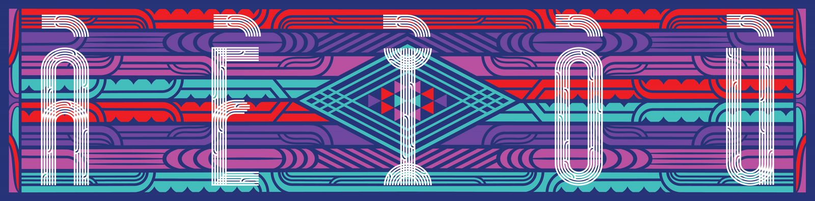 Graphic inspired by a whakairo patterns in purples, reds, and teals with ā, ē, ī, ō, ū in white overtop.