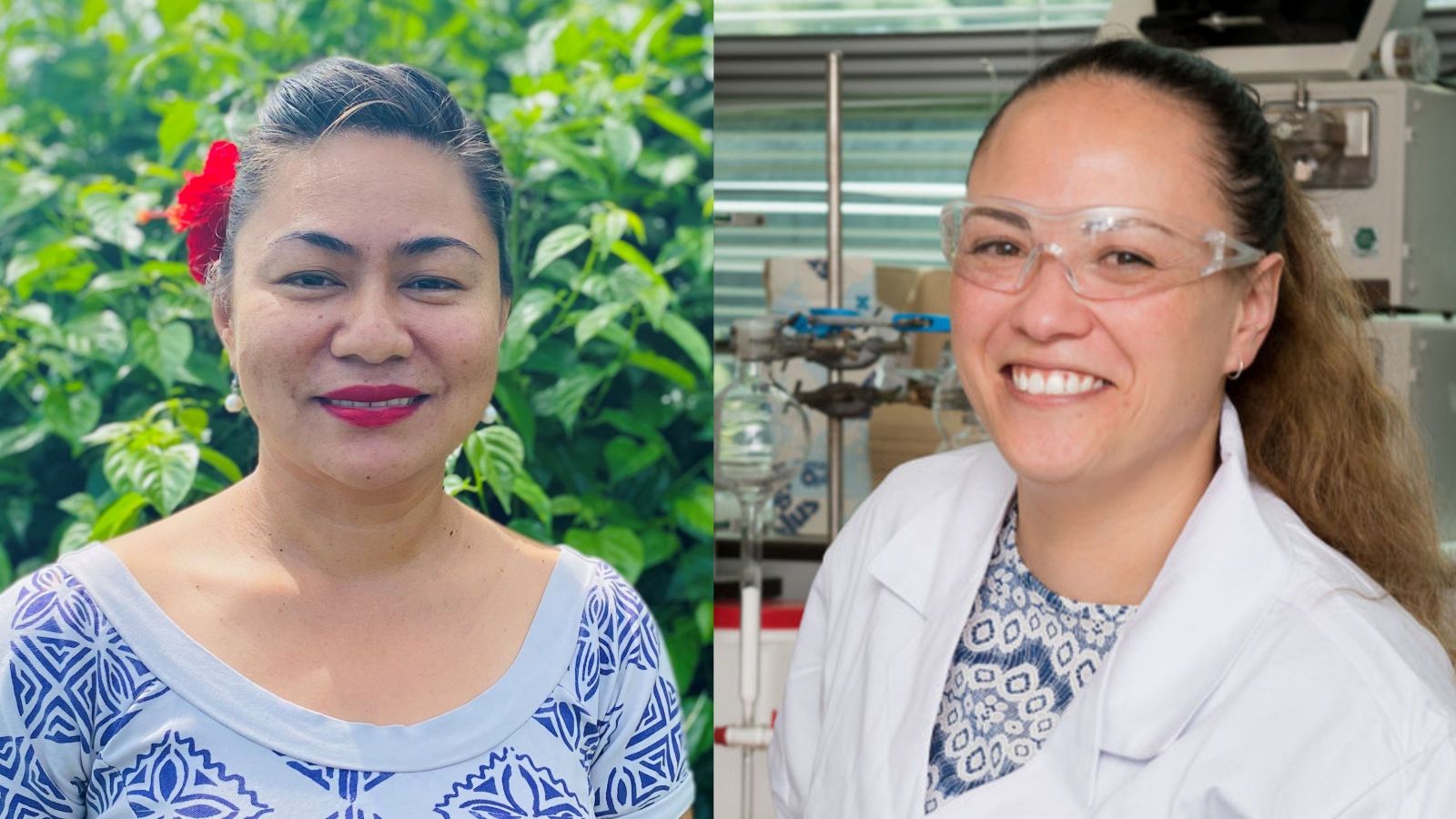 two women, one with a floral dress with green background, one with a white lab coat in a science lab