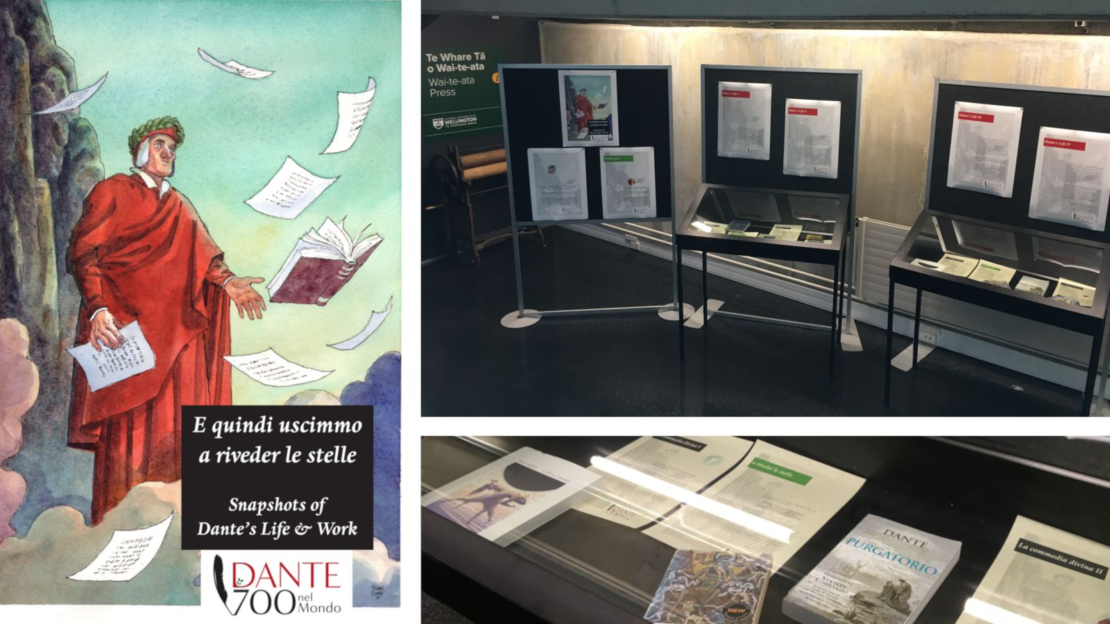 a spliced image showing the exhibition poster, the installed exhibition, and a close up of a book display