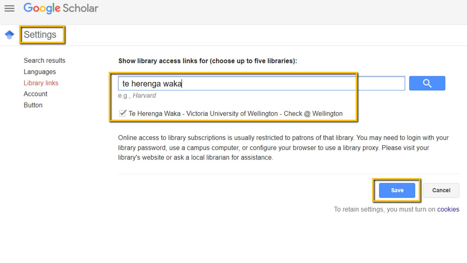 Image shows Google Scholar settings. Library Links has been selected and Te Herenga Waka has been searched.