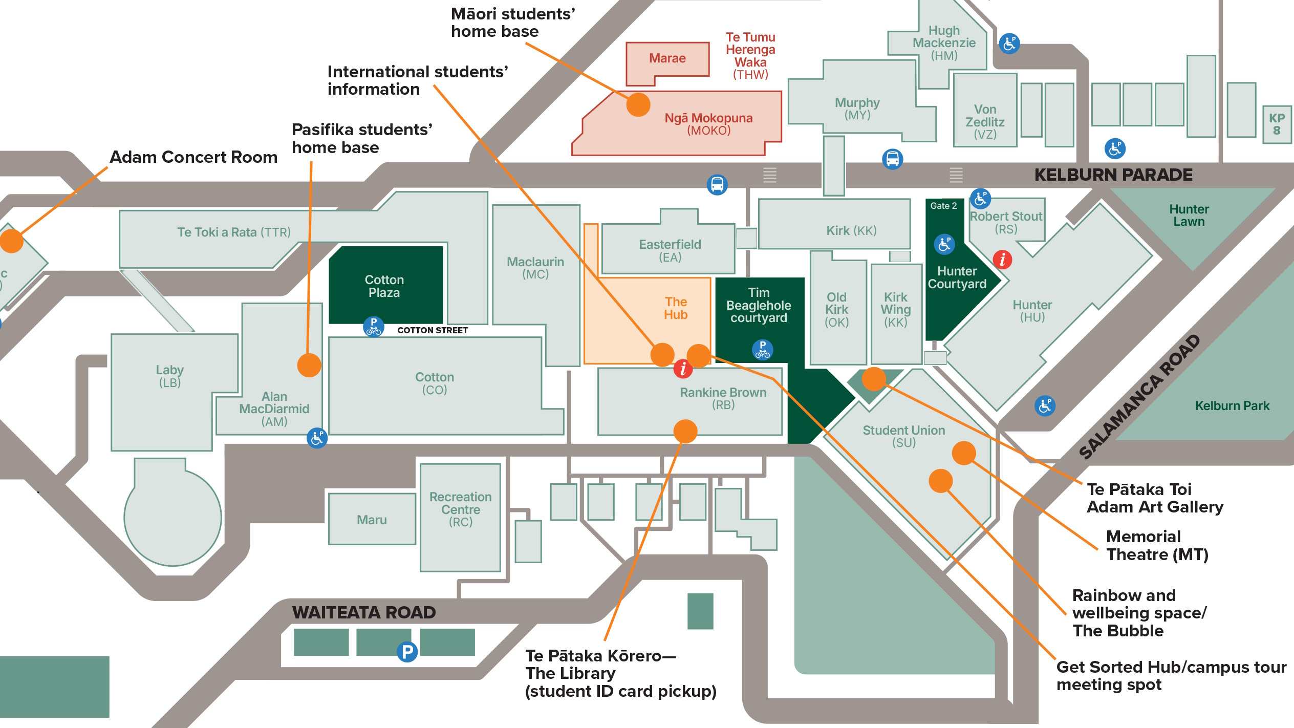 Schematic diagram mapping the location of key locations for Orientation week on our Kelburn campus