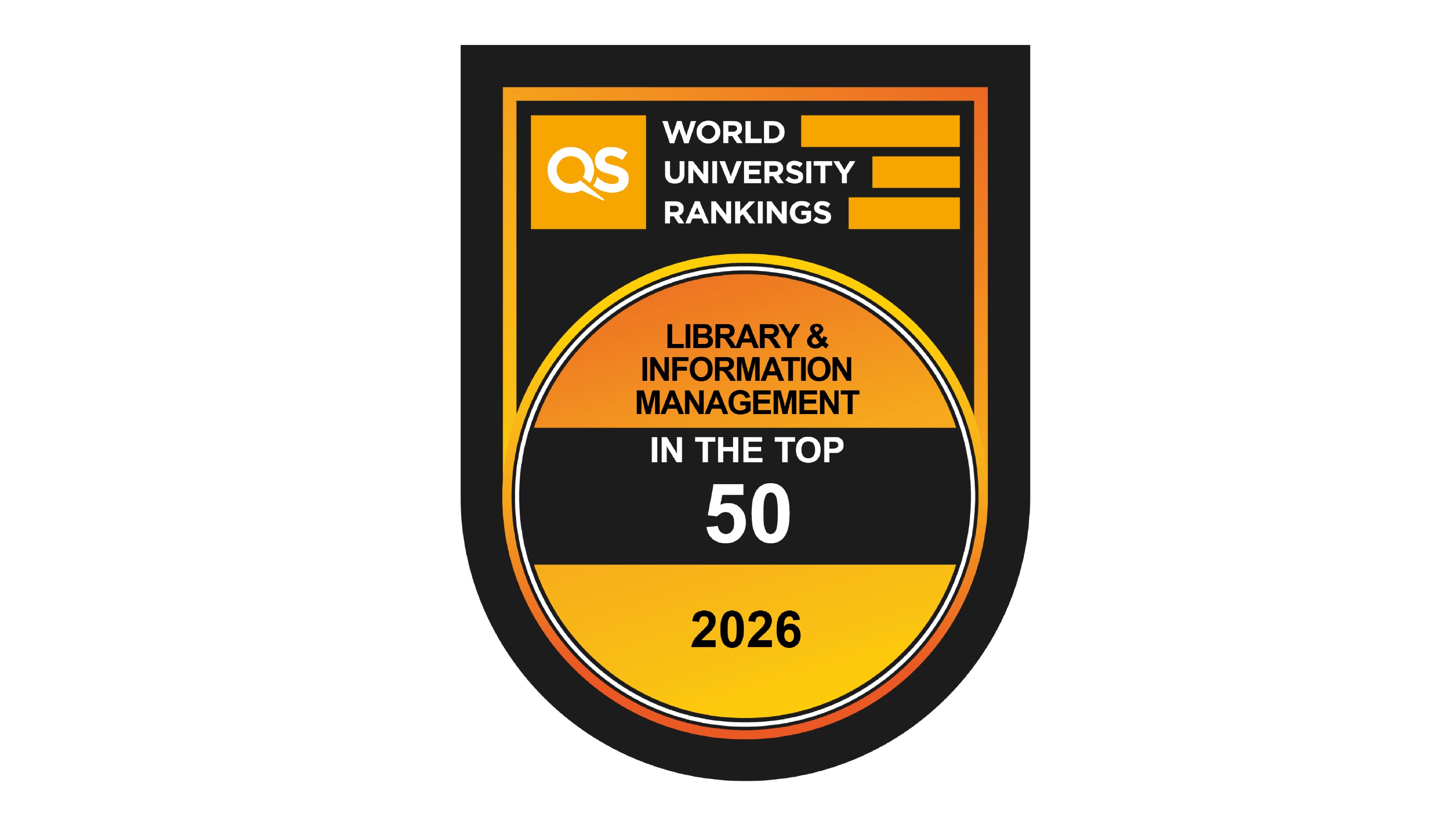 Official 2026 QS World University Rankings badge showing Victoria University of Wellington subject area rank of 1st in New Zealand for Library and Information Management