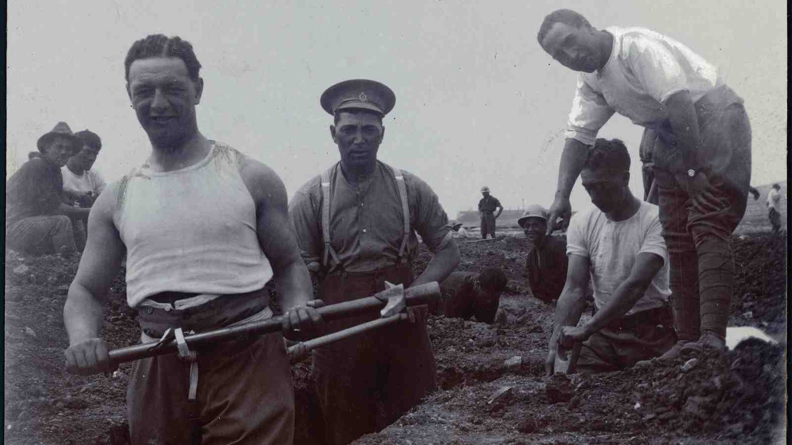 Peter Buck, and other World War I, Pioneer Battalion soldiers, digging a trench in Malta.