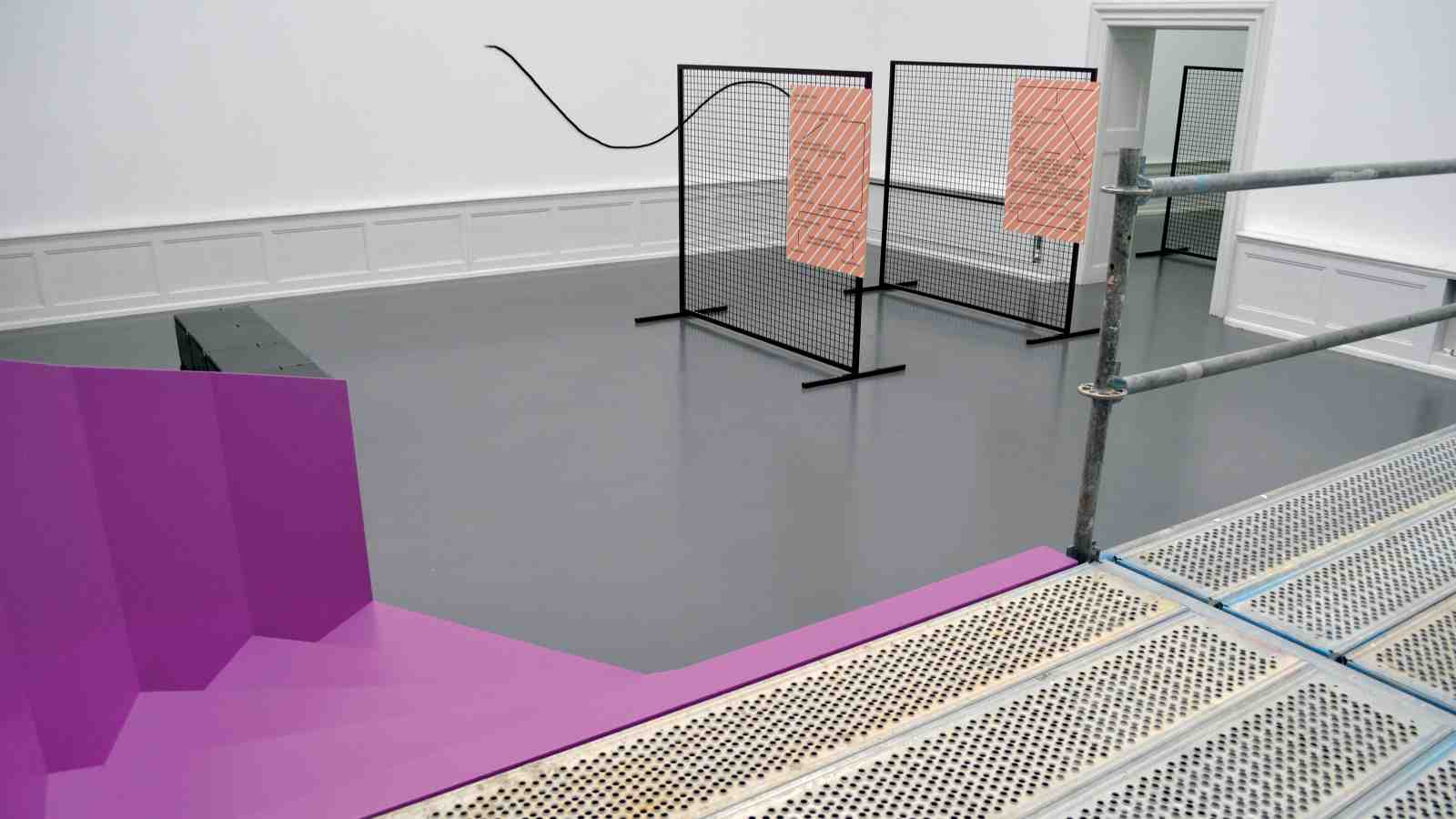 Ruth Buchanan is renowned for her innovative use of display mechanisms in her work. Or, a building, installation view, Badischer Kunstverein. Karlsruhe, 2015. Photo: Ruth Buchanan.