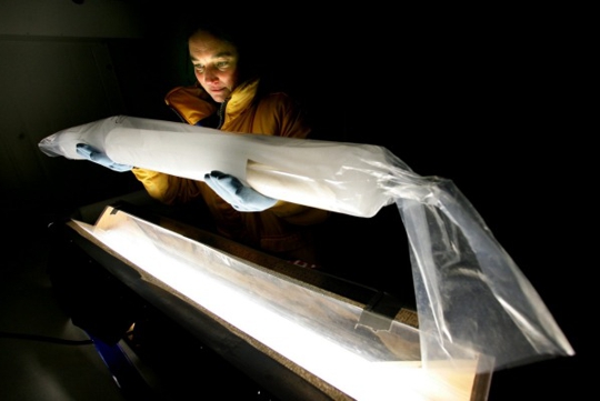 2016 Wellingtonian of the Year science and technology category award winner Ice core researcher Nancy Bertler looks at some 2000-year-old ice in the Ice Core Research Laboratory in Gracefield, Lower Hutt.