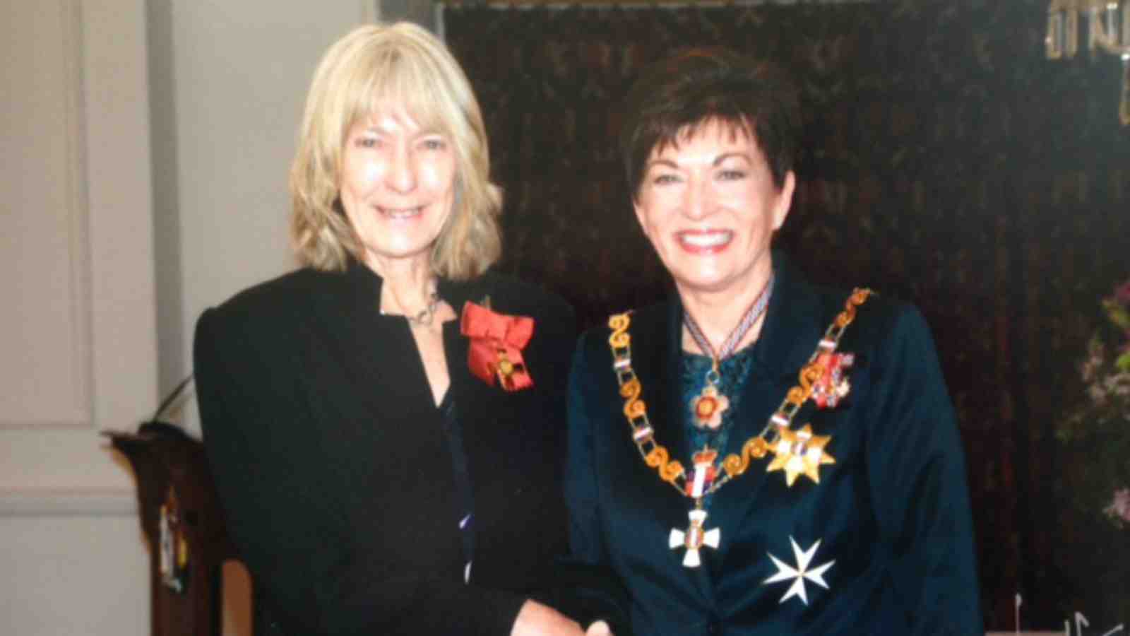Janet Holmes investiture – Janet Holmes with the Governor-General Her Excellency The Rt Hon Dame Patsy Reddy at Government House in Wellington.