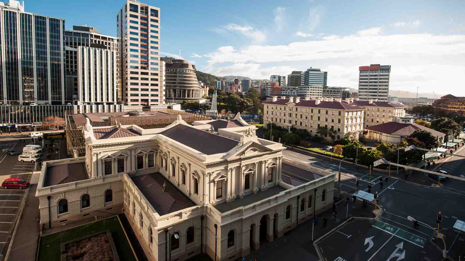 Aerial shot of the Law School with the Supreme Court in the foreground