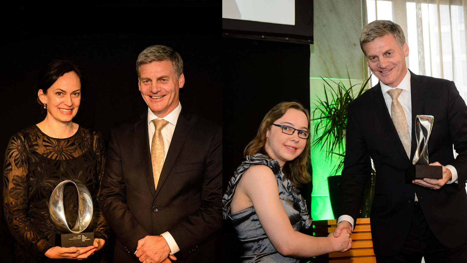 Dr Rebecca Priestley and Catherine Pot receiving their Prime Minister's Science Prizes from Prime Minister Bill English.