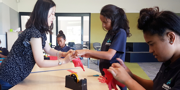 Miss Ou working with Year 8 students at Tarawera High School. Photo/Supplied