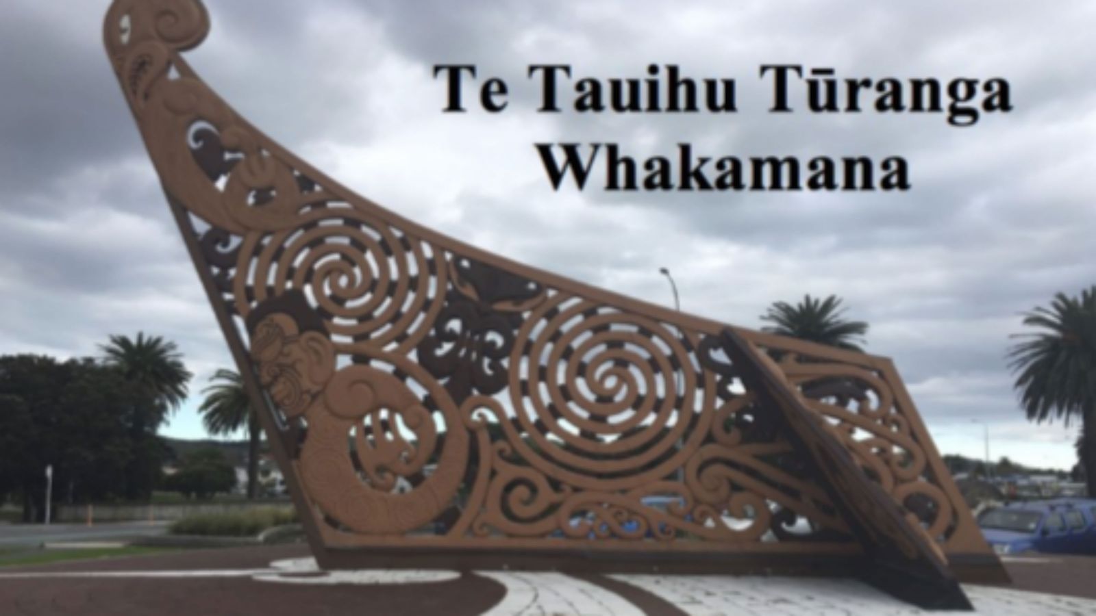 A unique shape of an artistic work that looks like the bow of a ship, with text that reads, Te Tauihu Tūranga Whakamana.