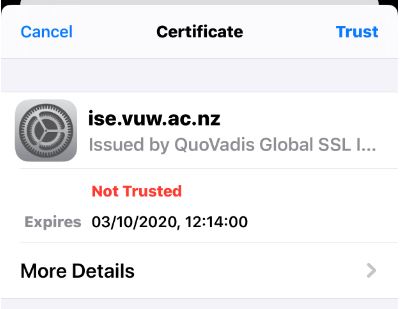 Certificate screen of Apple iphone showing options