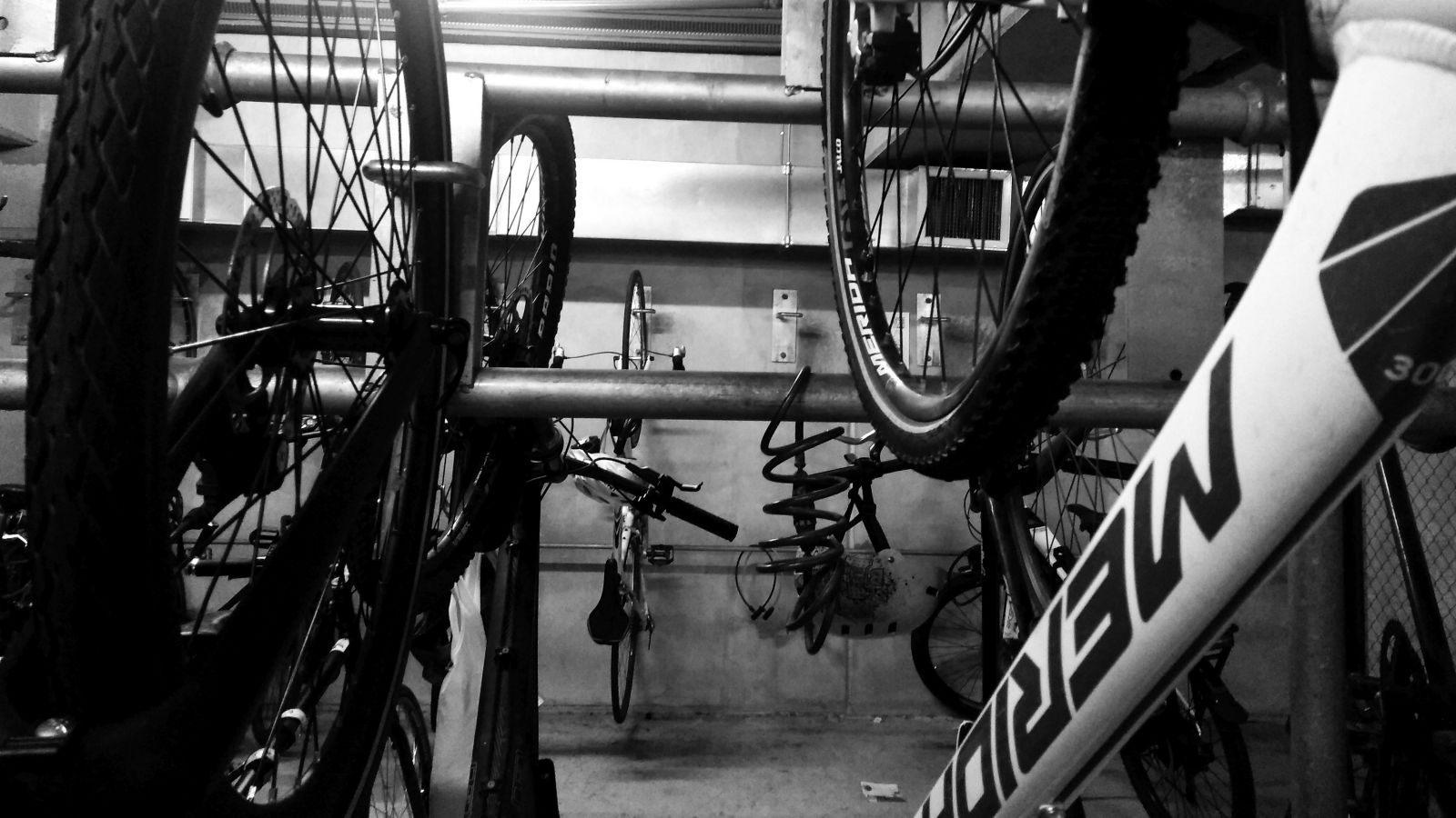 Black and white picture of bike storage at the University.