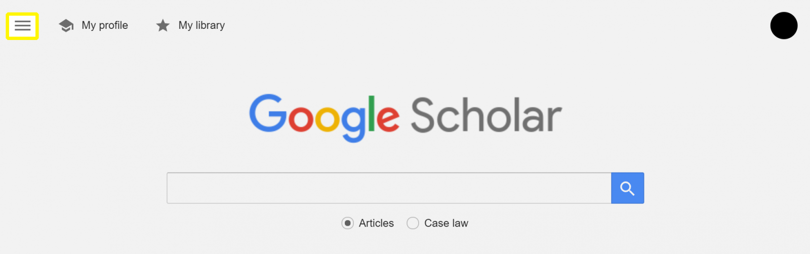 Screenshot of Google Scholar home page indicating menu icon