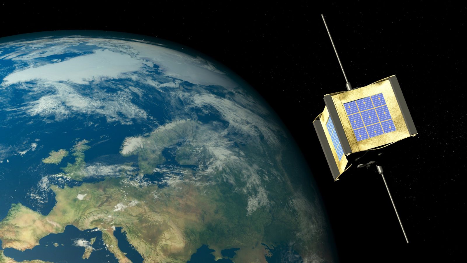 A satellite with small solar panels orbiting above the Earth.
