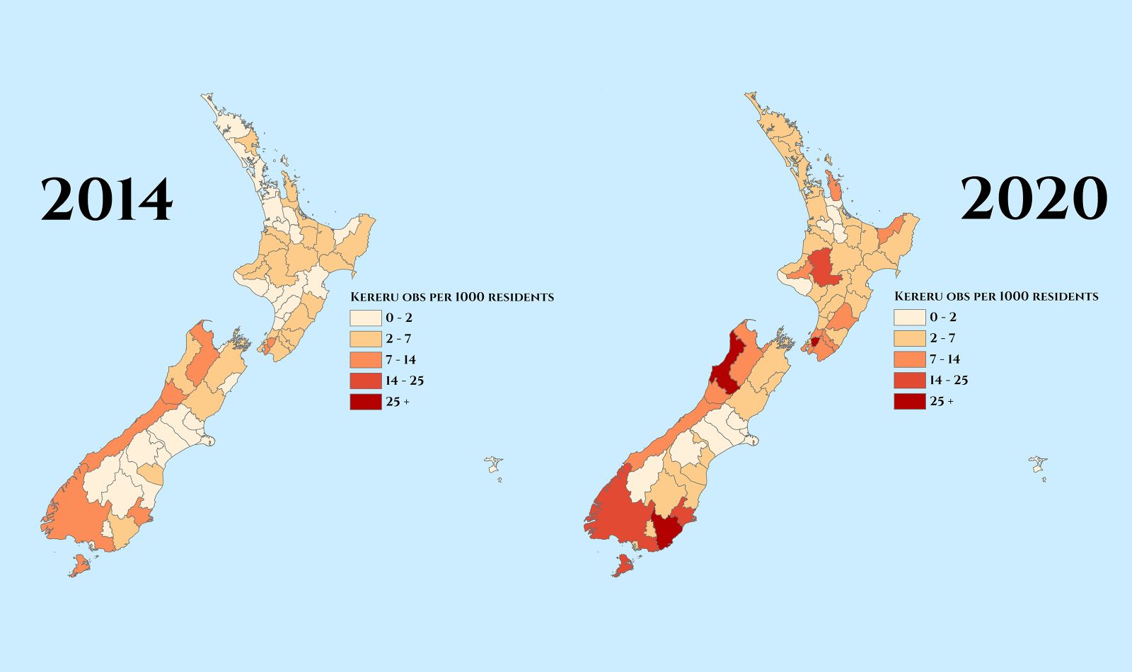 Kereru counts maps comparing 2014 data to 2020 data