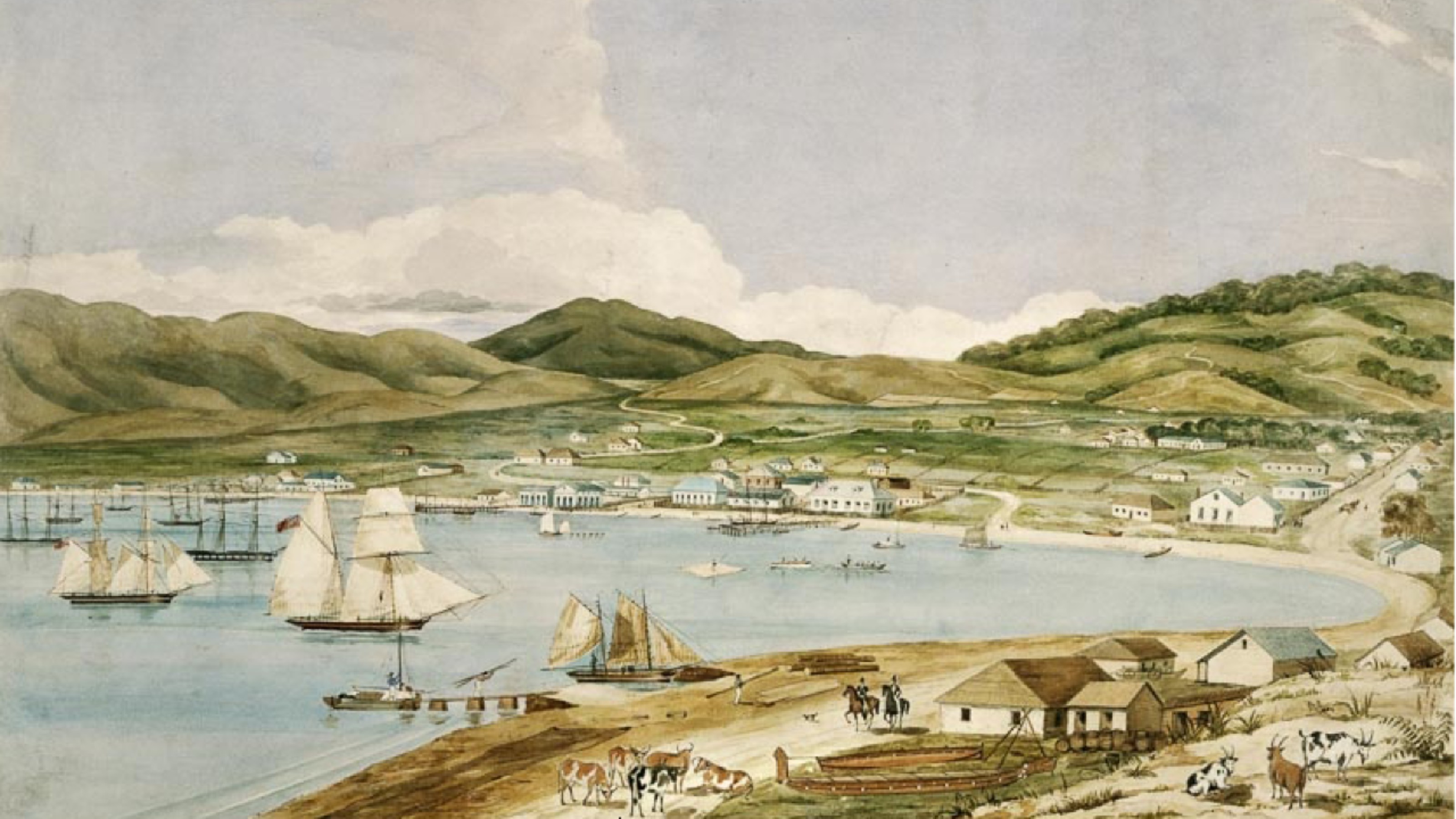 A watercolour painting of Wellington harbour from 1841 showing small buildings and sailing ships.