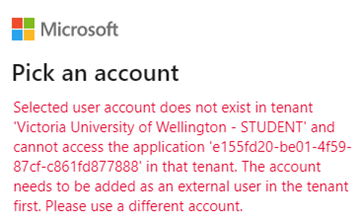 Error message with Microsoft logo. Pick an account - selected user account does not exist in tenant and cannot access the application.