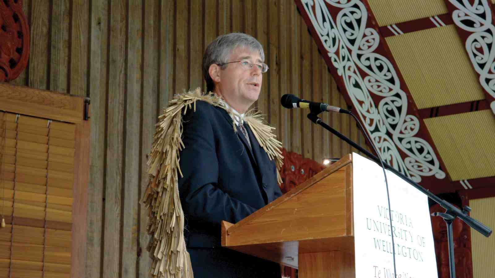 Professor Pat Walsh speaks at the pōwhiri held to welcome him to Victoria.