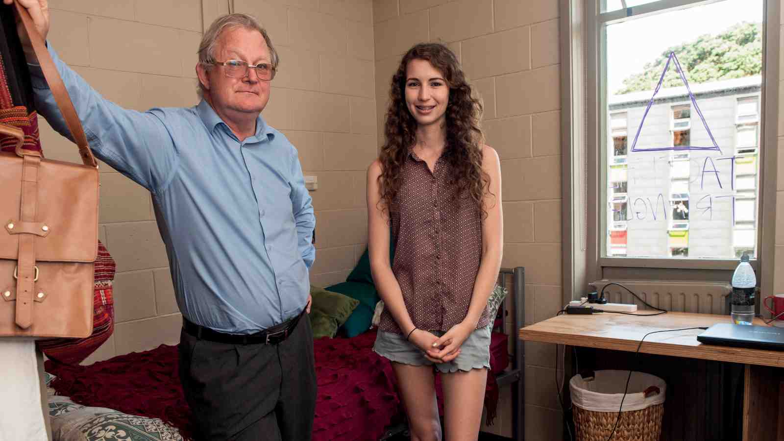 Professor Michael Kelly and current student Sofia Albiston-Murray at Weir House, Hall of residence