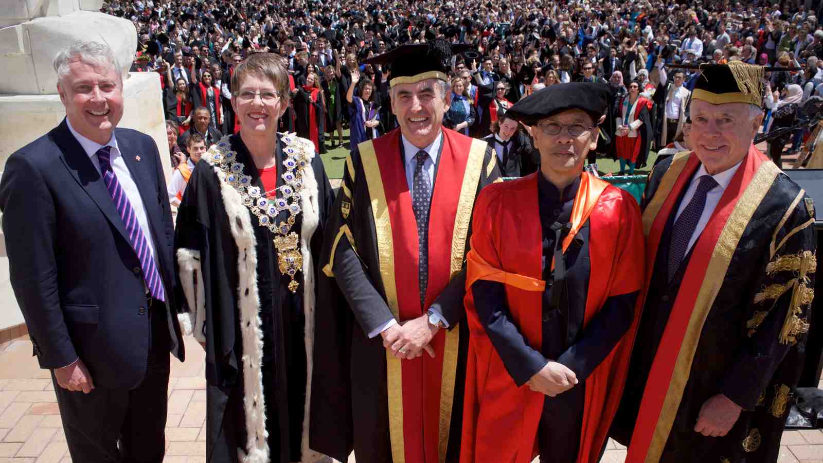 From left, Peter Biggs, Wellington Mayor Celia Wade-Brown, Vice-Chancellor Professor Grant Guilford, Honorary Doctorate recipient Tan Sri Halim Saad and Chancellor Sir Neville Jordan.