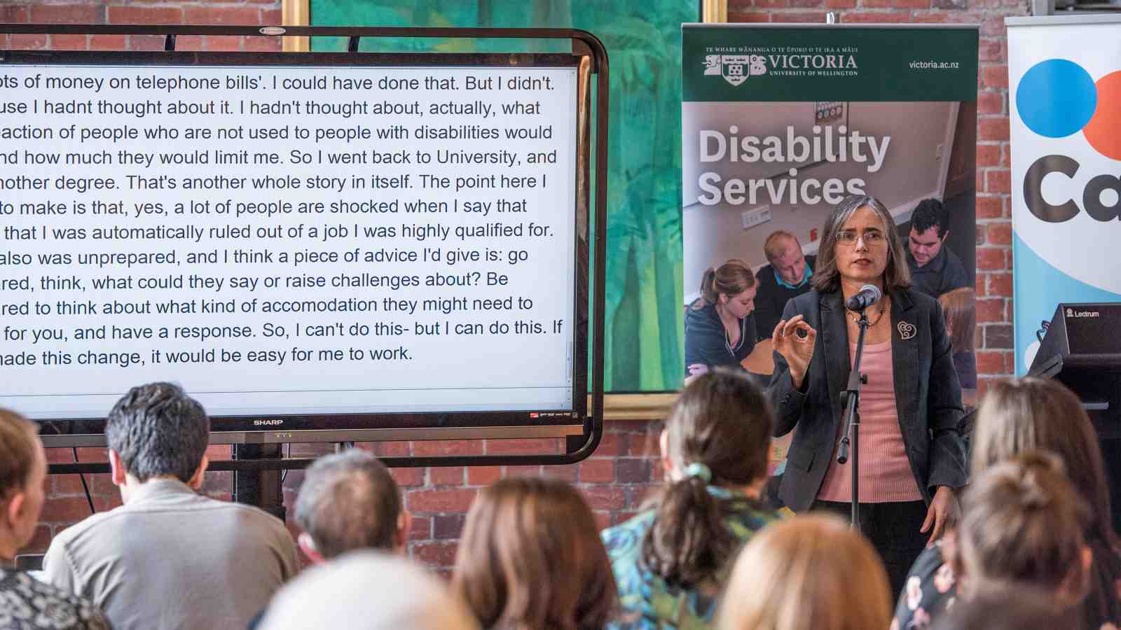 MP Mojo Mathers talks to Victoria students about coping with a disability.