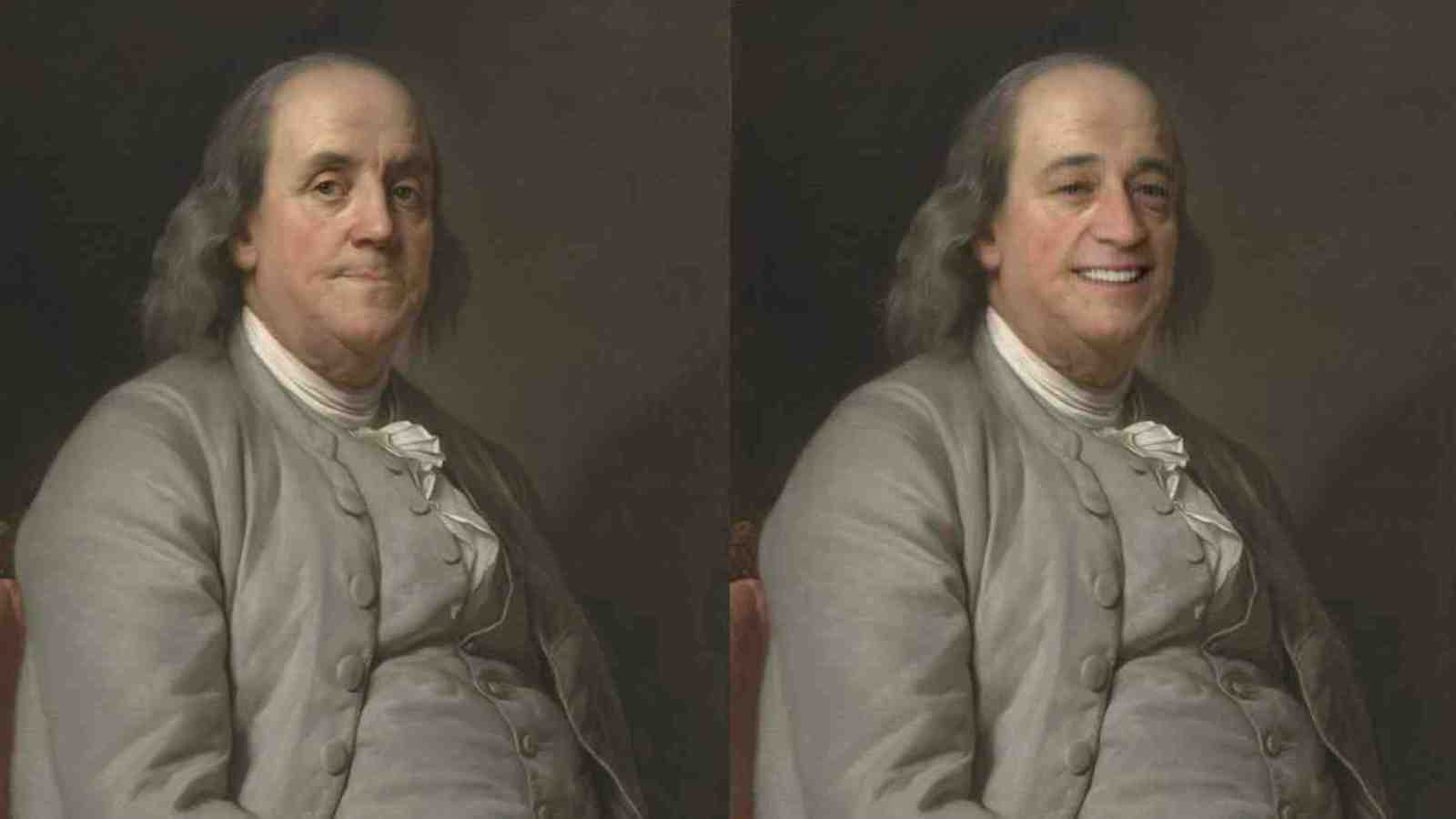 A portrait of Benjamin Franklin on the left and a copy on the right, which has been manipulated by Smilevector so he is smiling.