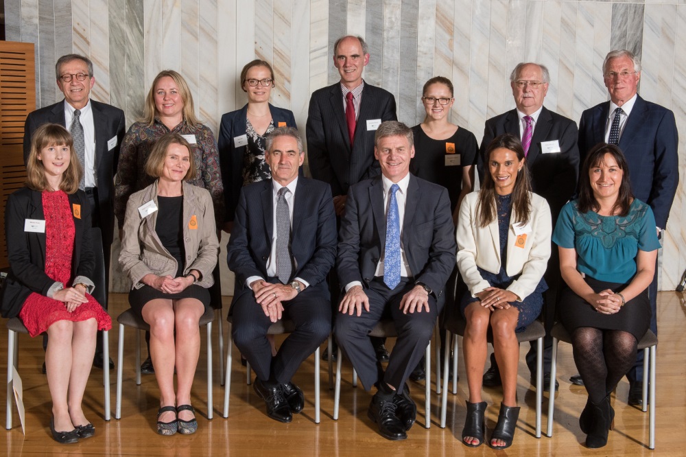 School of Government prize winners pictured with senior VUW staff and the Deputy Prime-Minister