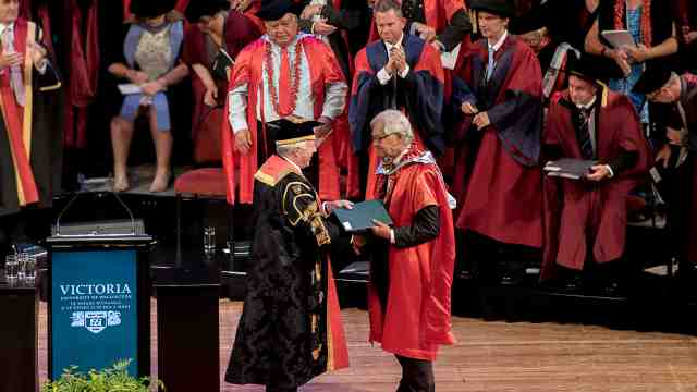 Tuilloma Neroni Slade being awarded his honorary Doctorate of Laws. Tuilloma Slade was awarded his honorary Doctorate of Laws at our December graduation ceremony. Tuilloma Slade graduated with a Bachelor of Laws from Victoria University in 1968, before returning home to Samoa where he has had an illustrious career as a distinguished lawyer, statesman and jurist.