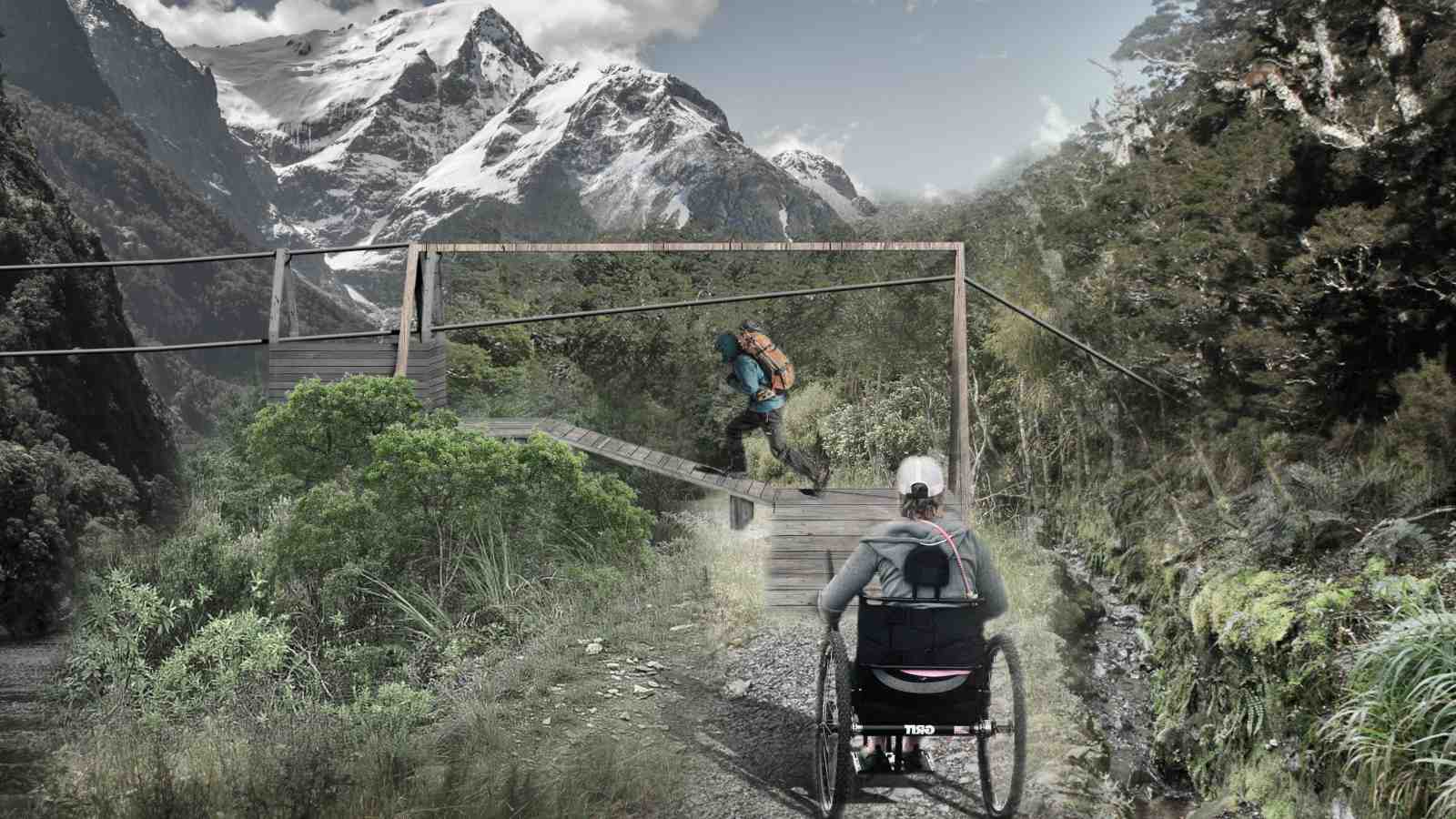 An image of the wilderness, showing snow capped mountains in the background. In the foreground is a tramping track with a wheelchair user and an able-bodied walker.