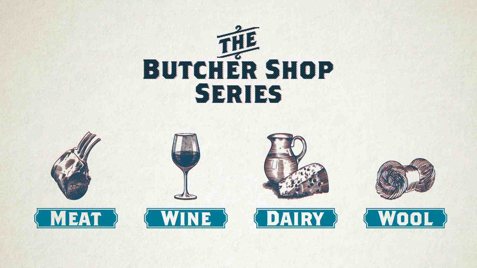 Butchershop series logo depicting meat, wine, dairy and wool 