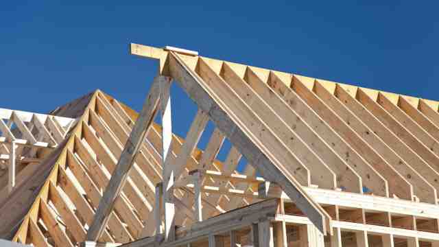 Timber frame of a house under construction.