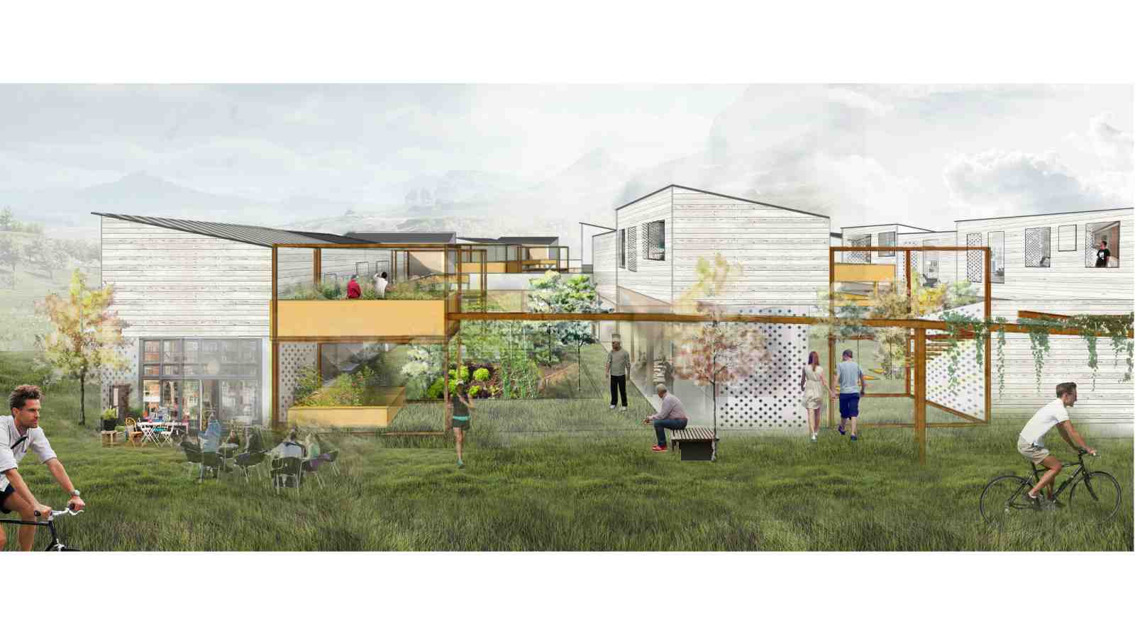 A render of the groups competition entry showing buildings in a U shape with a court yard in the centre with vegetable garden.