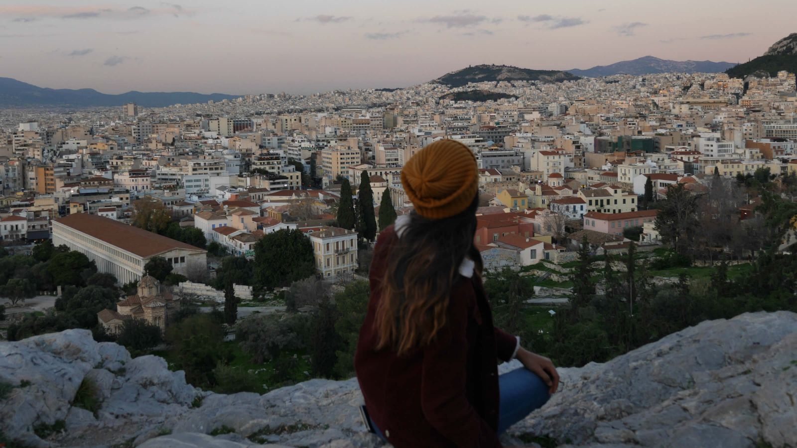 Exchange student, Dayanitha Damodaran, watching the sunset atop Mars Hill in Athens, Greece. 