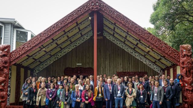 Delegates of the GSAA International Conference outside Te Herenga Waka Marae, 28 November 2018