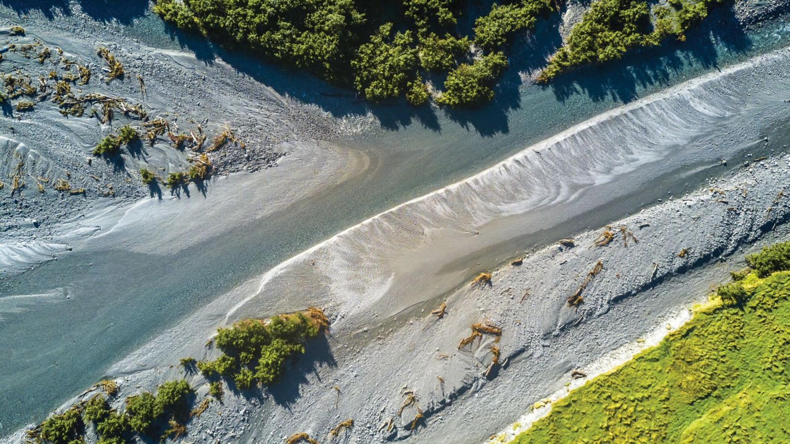 Birds eye view of a dry river bed.
