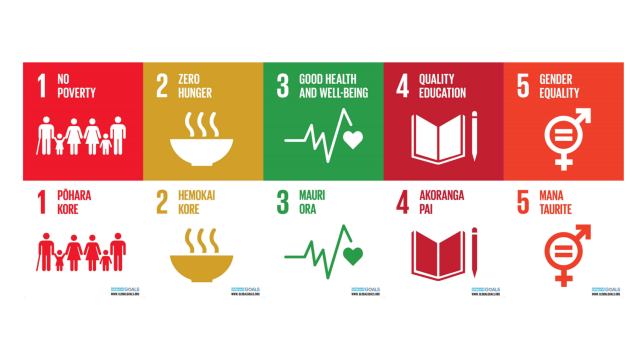 Five of the 17 posters showcasing Sustainability Development Goals.