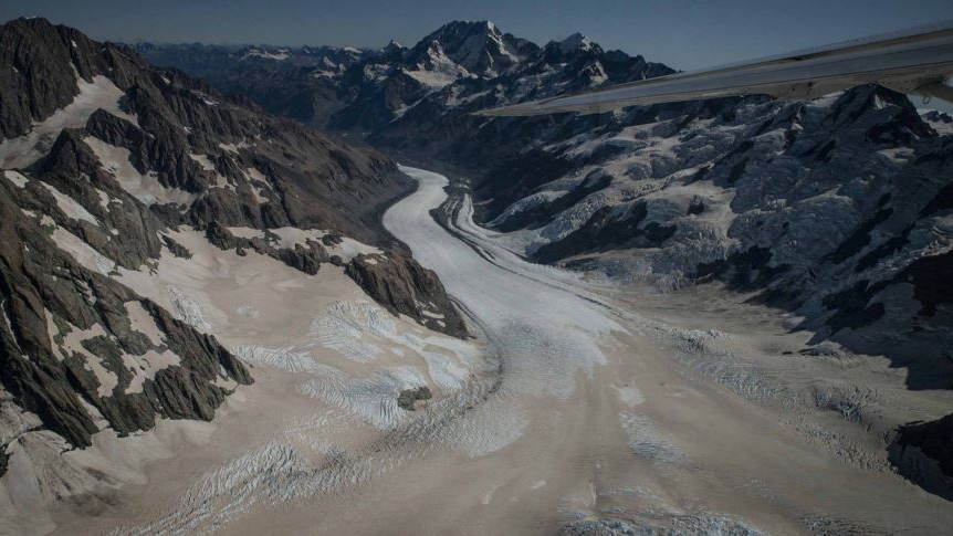 Glaciers covered in ash. Photo provided by NIWA.