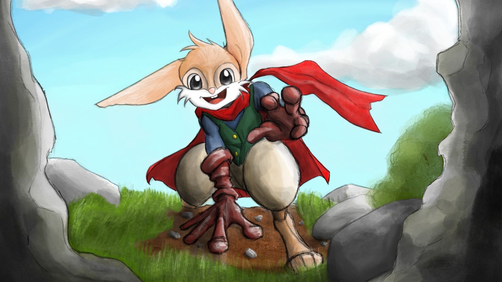 Cartoon  image of a rabbit wearing a green waistcoat and a red scarf.