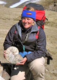 Jane Francis with an Antarctic ammonite
