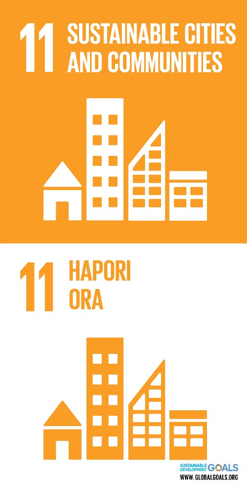 An ochre and white graphic logo of four different buildings in a row for the UN SDG 11: sustainable cities and communities - in both English and te reo Maori