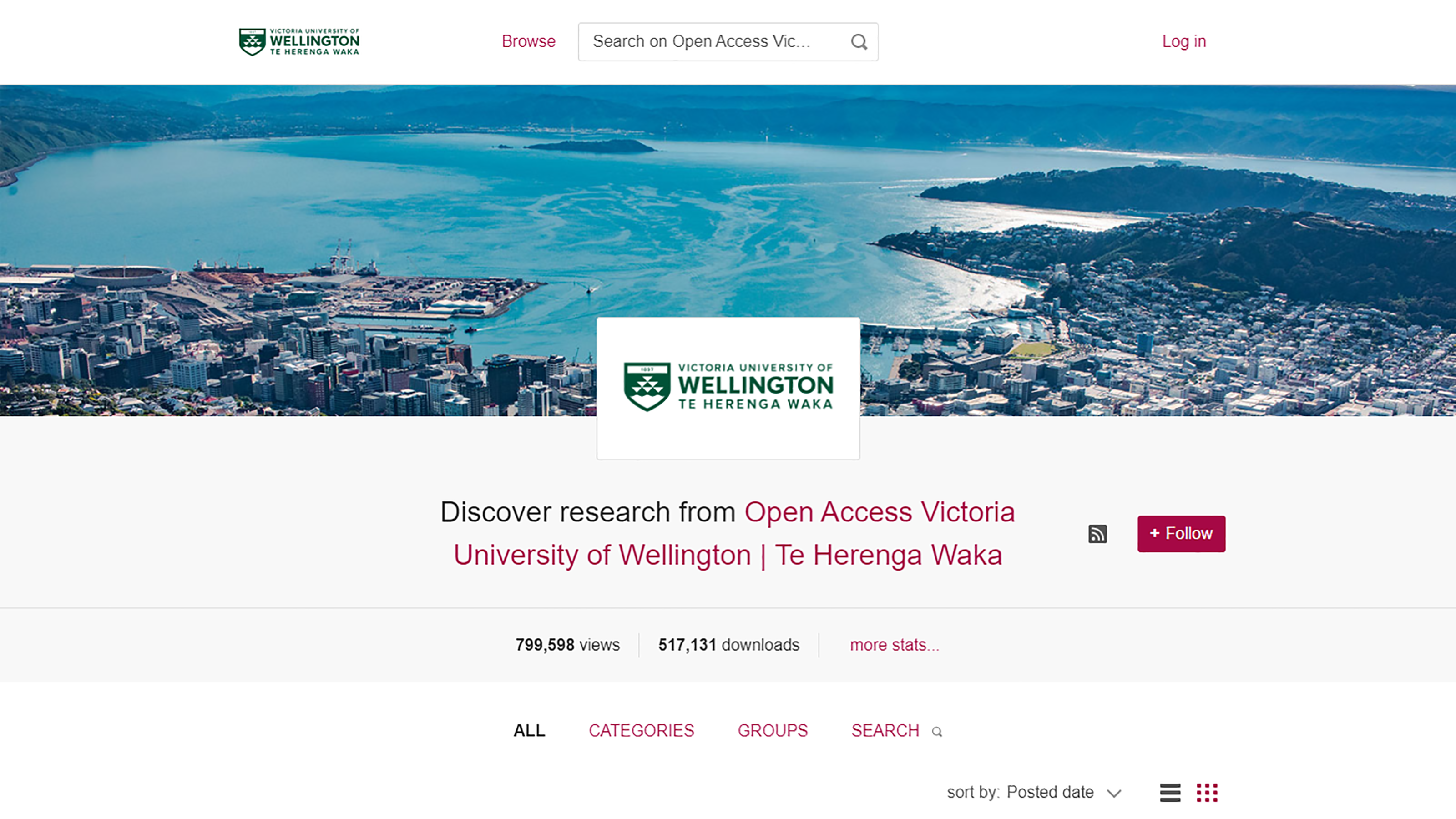 Screen shot of the home page of Open Access Victoria University of Wellingon