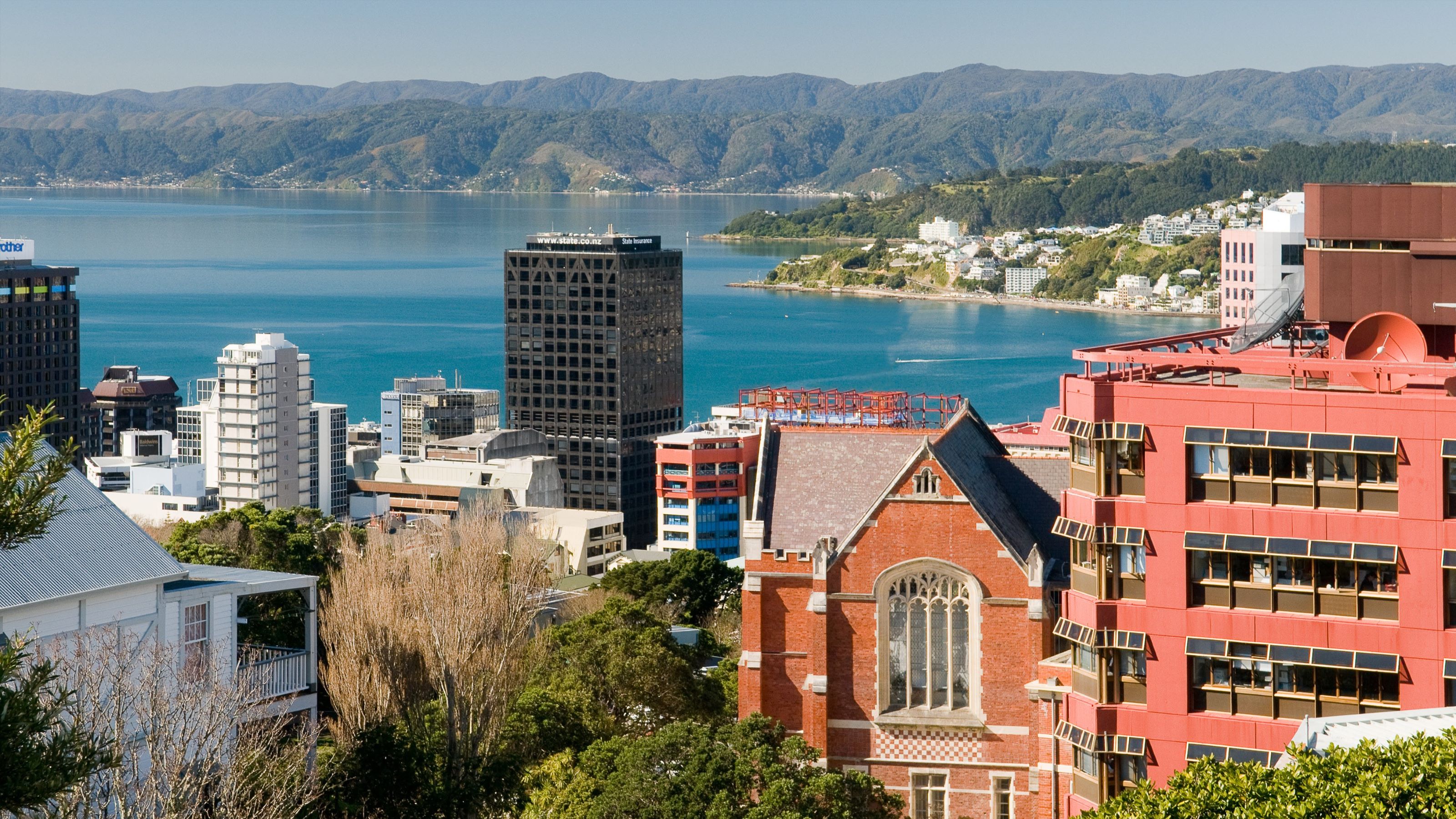 A view looking down of Kelburn campus with the sea