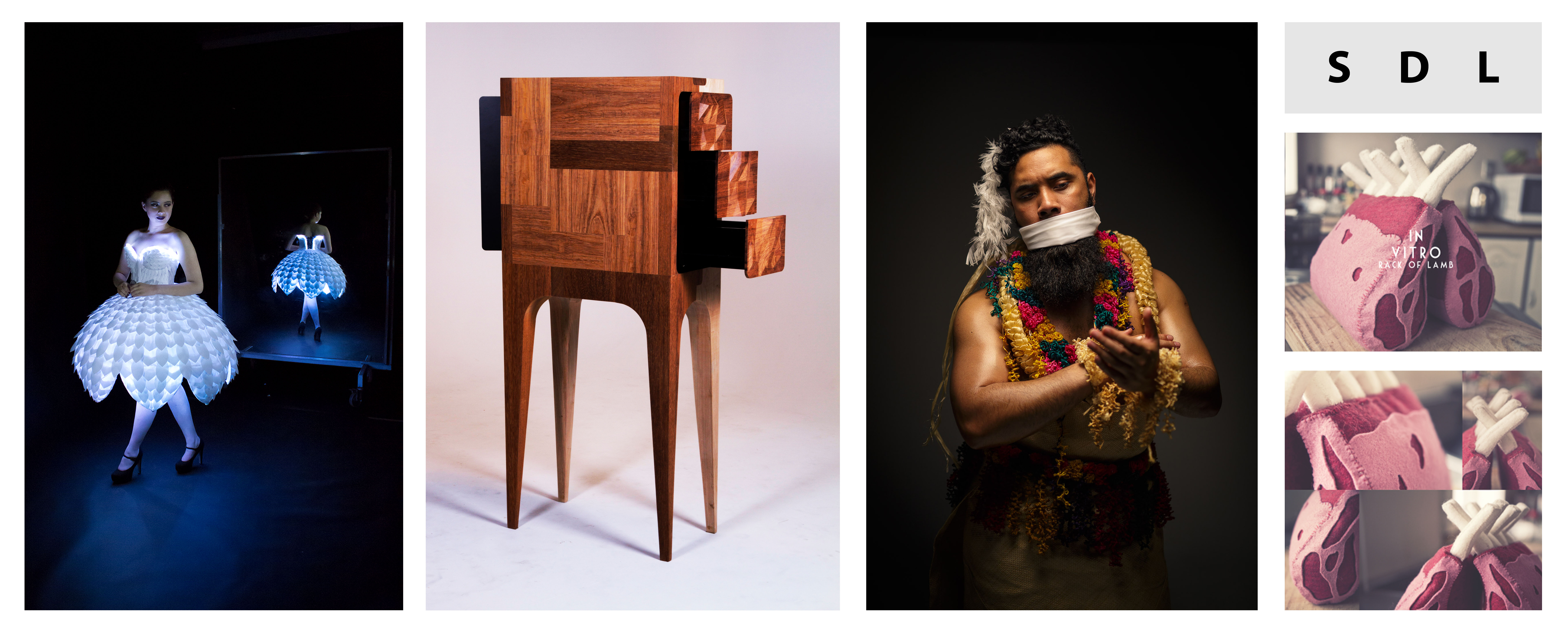 Student work formed in the Social Design Lab, a dress that lights up, a wooden set of drawers, a person dressed in Pacific Island like costume, and a rack of lamb made of soft toy material