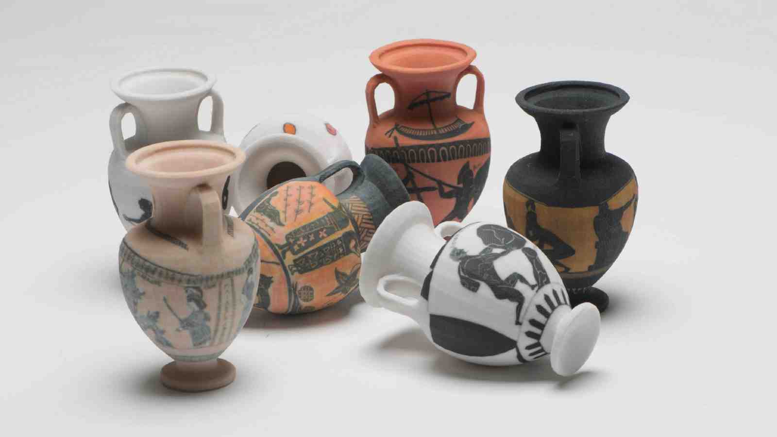 A selection of different coloured amphora made by students.