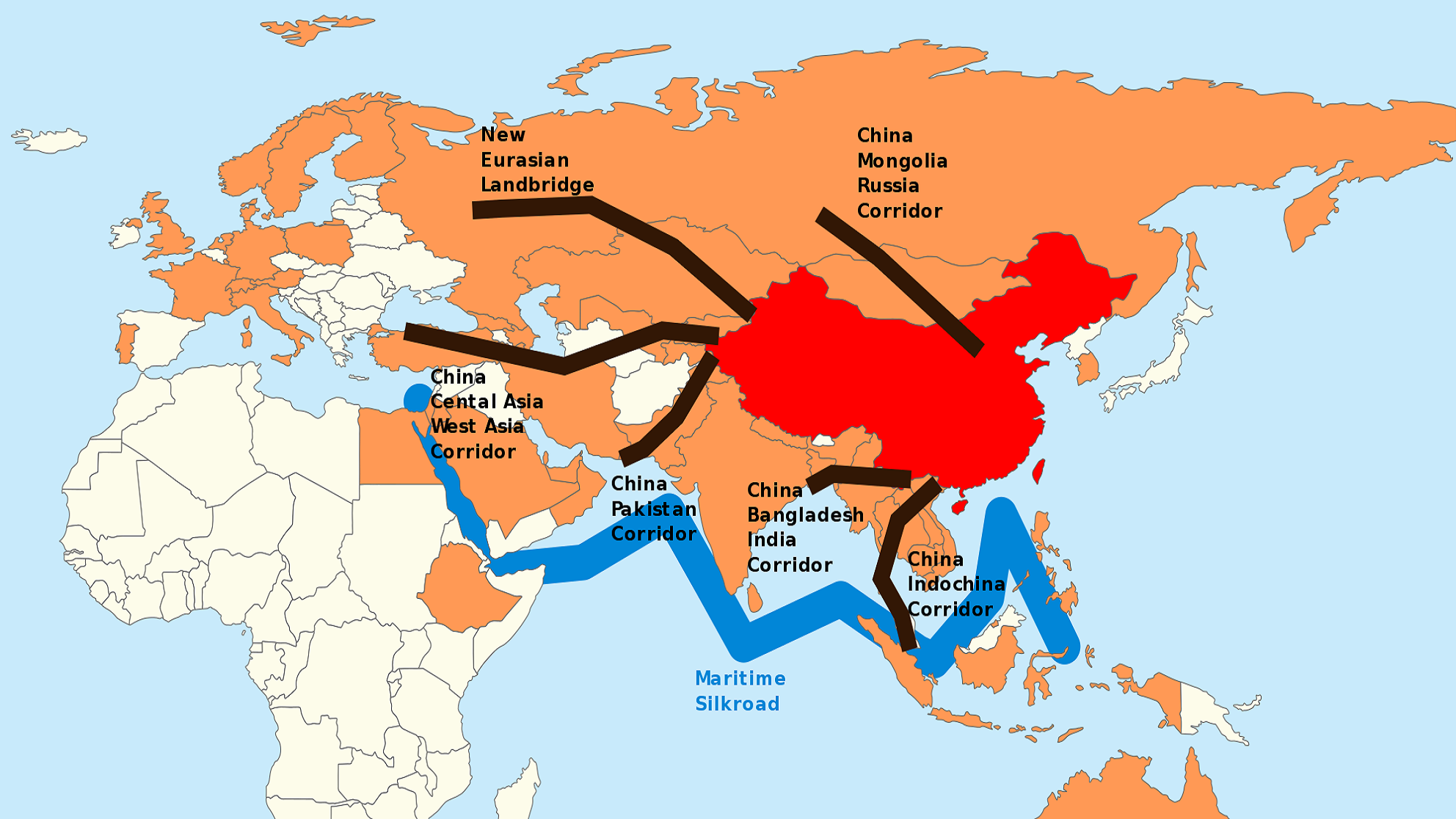 An image of the one belt road map across Asia to Europe.