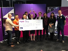 (L-R) MYOB IT Challenge winners Nanda Hibatullah, Adiraj Gupta, Mona Ruan and Liam Dennis with judges.