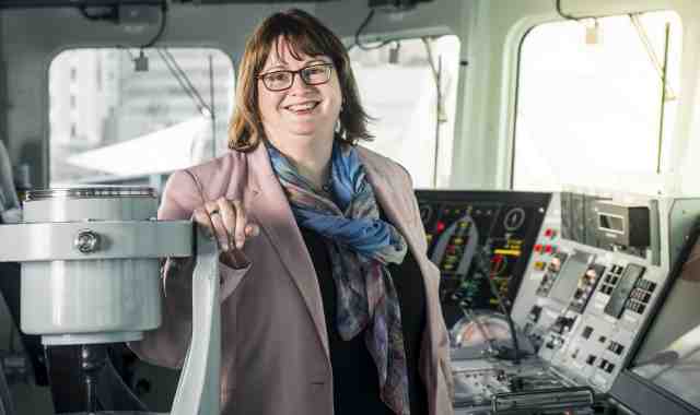 Joanna Mossop in the control room of a ship.