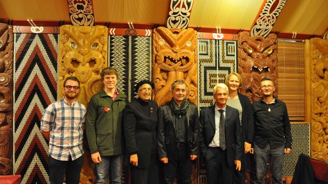 Attendees of the Koia Ora screening in the Marae – From left to right: Rory McKenzie, (author of the subtitles in English); Mr Quintin Ridgeway (National President, New Zealand Society of Translators and Interpreters); Te Ripowai Higgins (author of the subtitles in Te Reo Māori); Mr Claudio Teobaldelli (writer, producer and composer, Kia Ora); H.E. Fabrizio Marcelli, Italian Ambassador to New Zealand; Associate Professor Sally Hill (Head of School of Languages and Cultures); and Dr Marco Sonzogni (Reader in Translation Studies, School of Languages and Cultures).