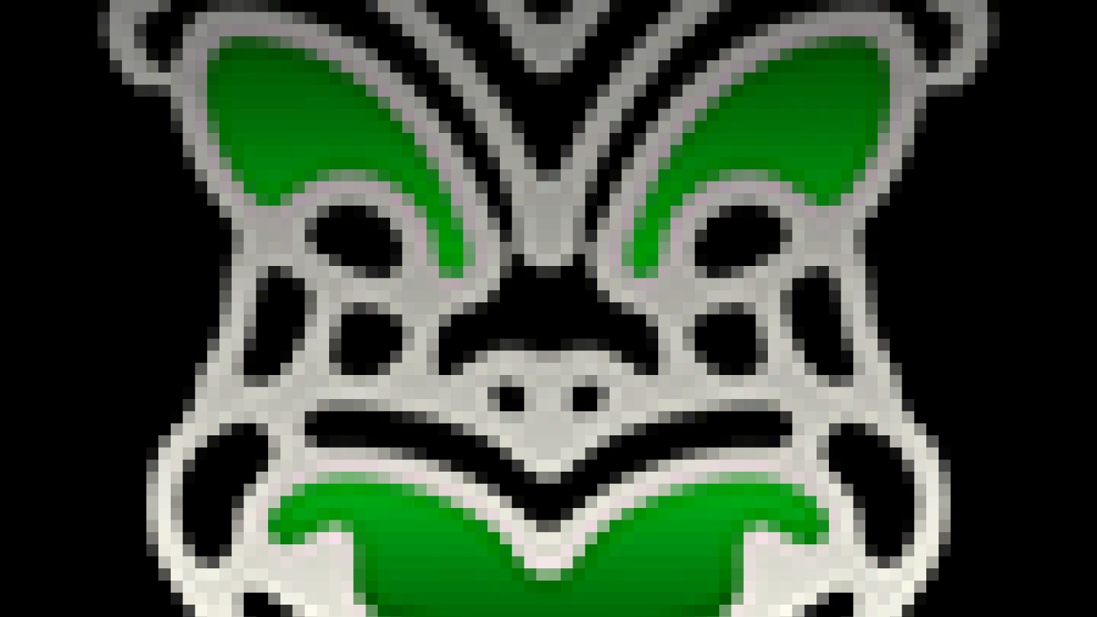 A computer graphic of a green Kura face on a black background.
